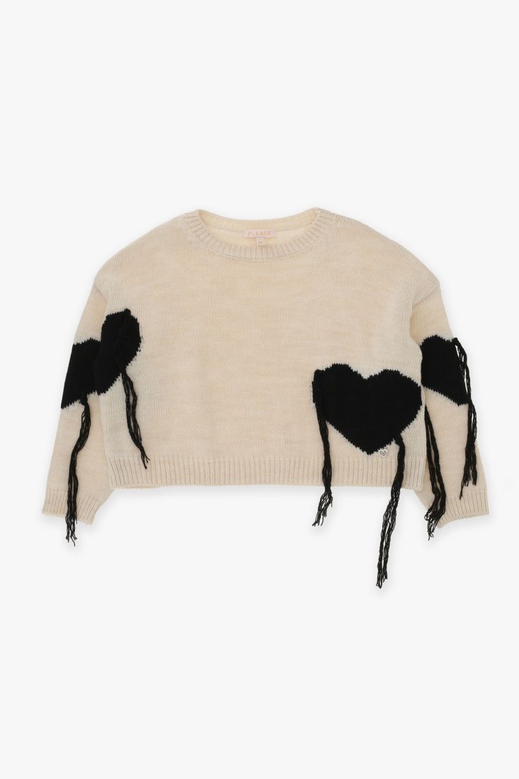 Please Girl’s cropped pullover with fringed hearts