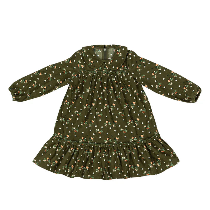Vestido verde escalonado de pana con cordón de pasador