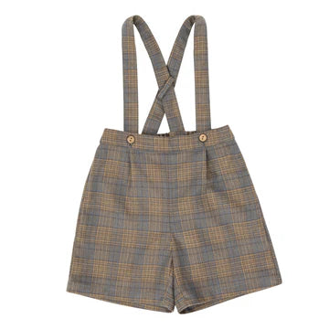 Pin cord Blue Grey Plaid Suspender Shorts