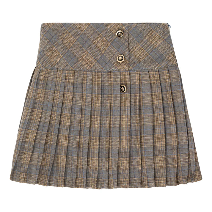 Pin cord Blue/Grey Plaid Pleated Skirt