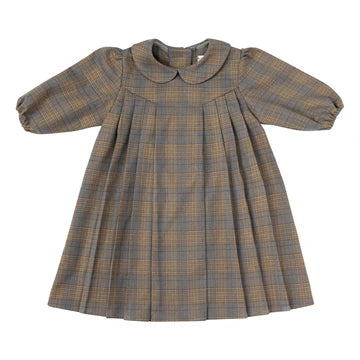 Vestido a cuadros azul grisáceo con pliegues y cintura alta con cordón