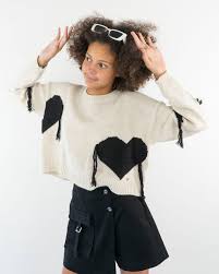 Please Girl’s cropped pullover with fringed hearts