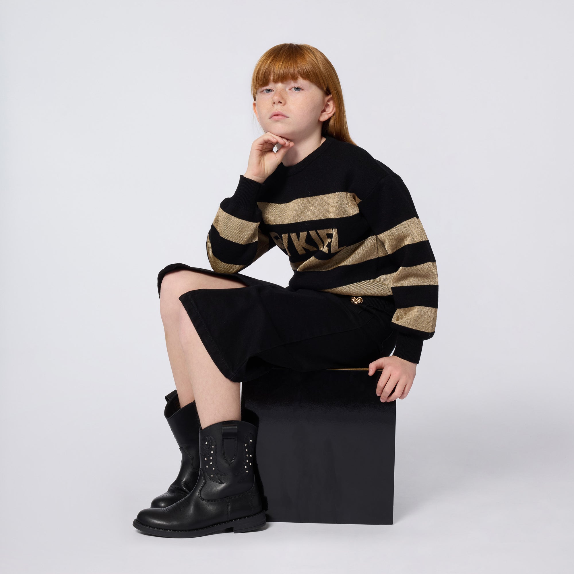 A00349 SONIA RYKIEL SUÉTER CON LOGO DE RAYAS DORADAS Y NEGRAS