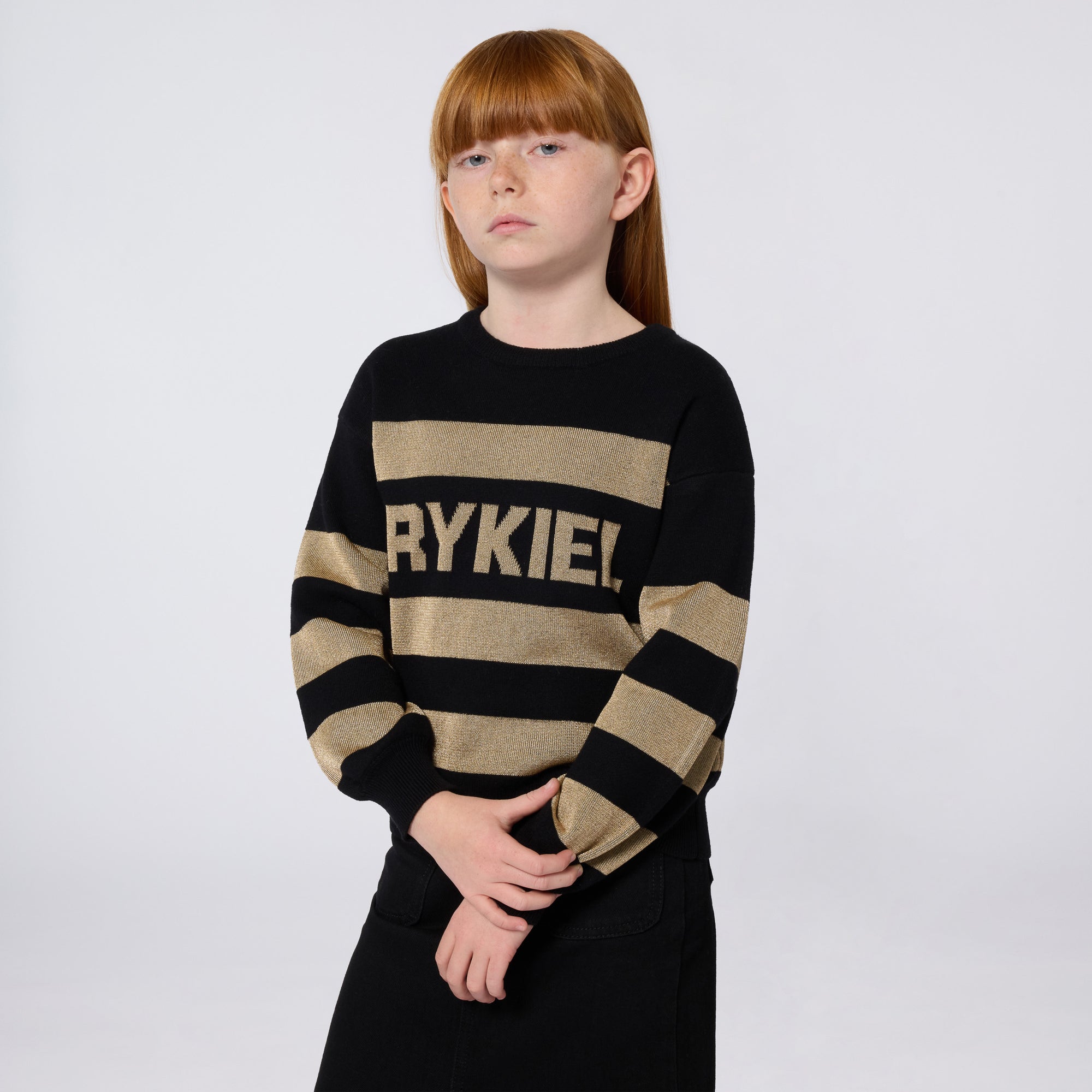A00349 SONIA RYKIEL SUÉTER CON LOGO DE RAYAS DORADAS Y NEGRAS